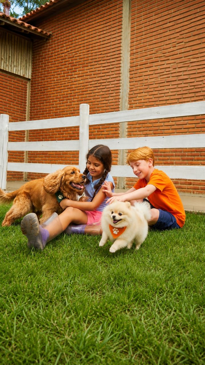 Crianças brincando com os cães
