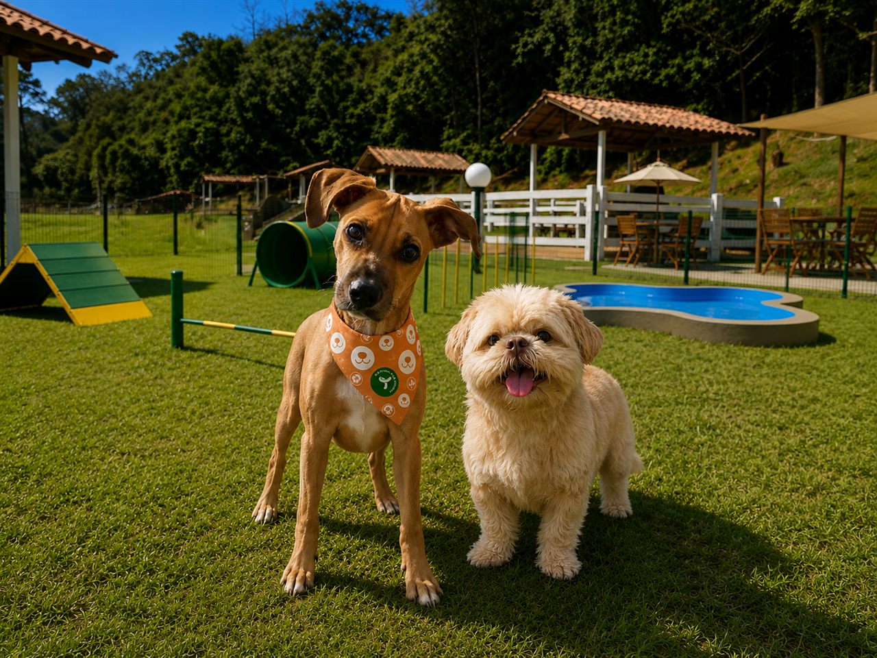 Cães em passeio pelas áreas externas do resort