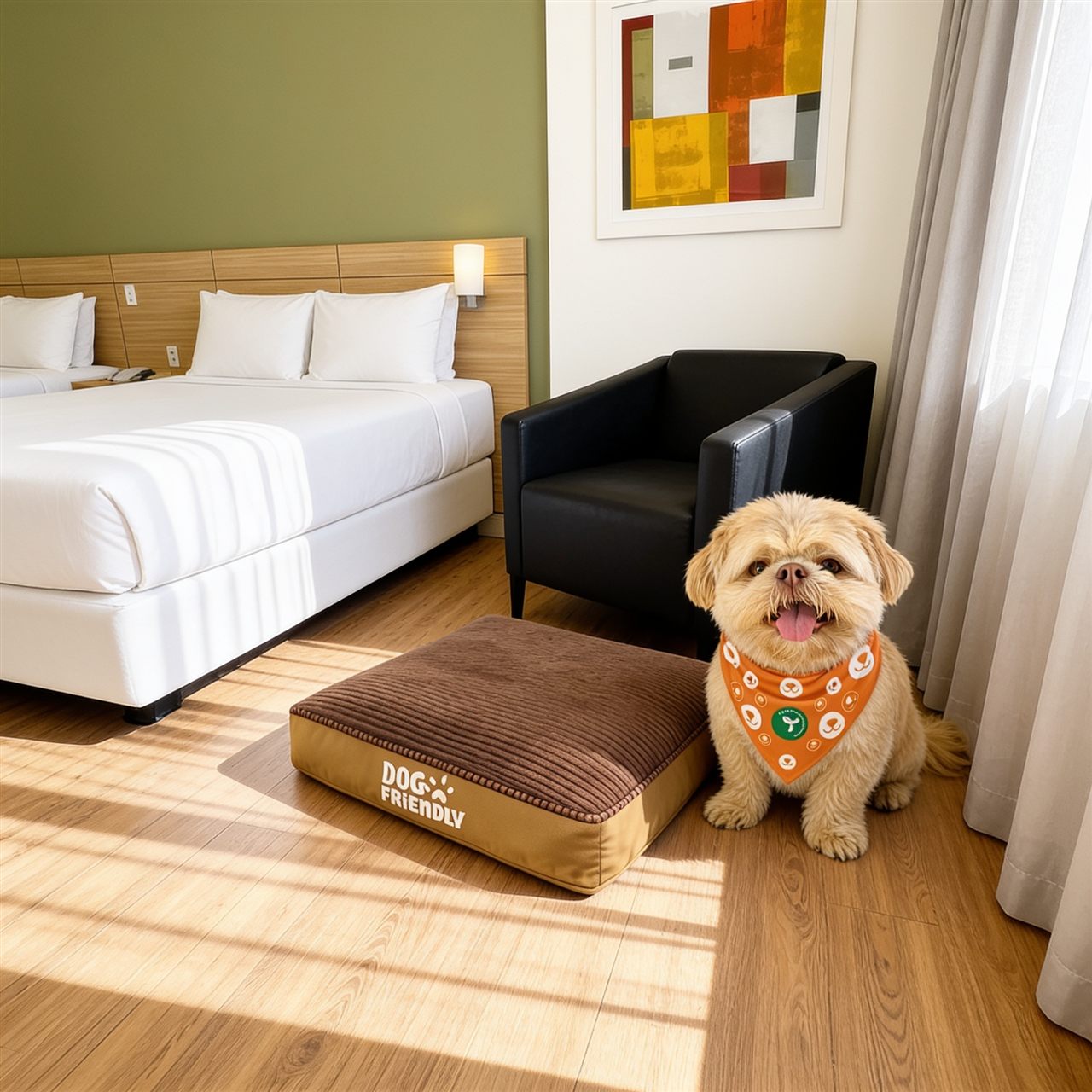 Cão com bandana ao lado da caminha Dog Friendly no apartamento