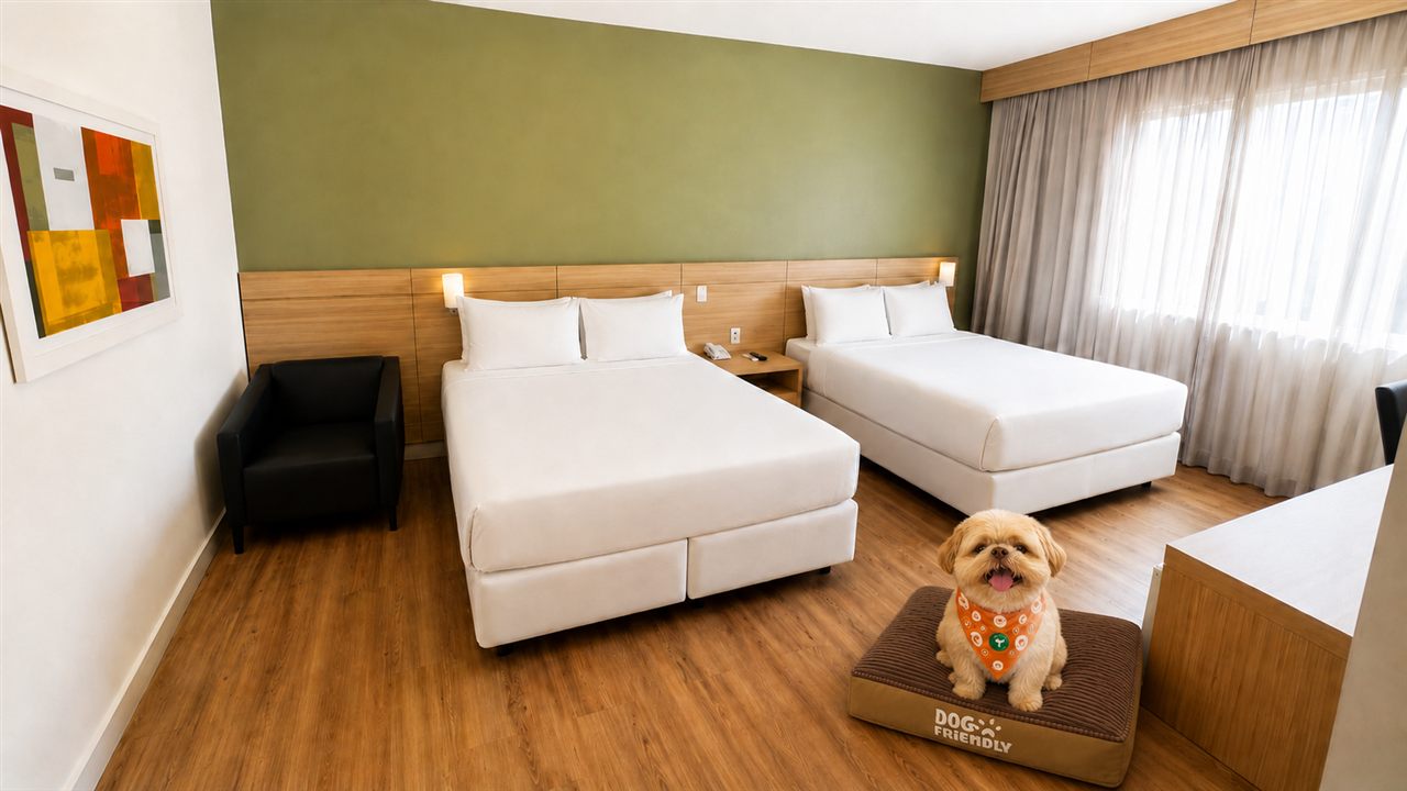 Apartamento dog friendly com duas camas e cão na caminha